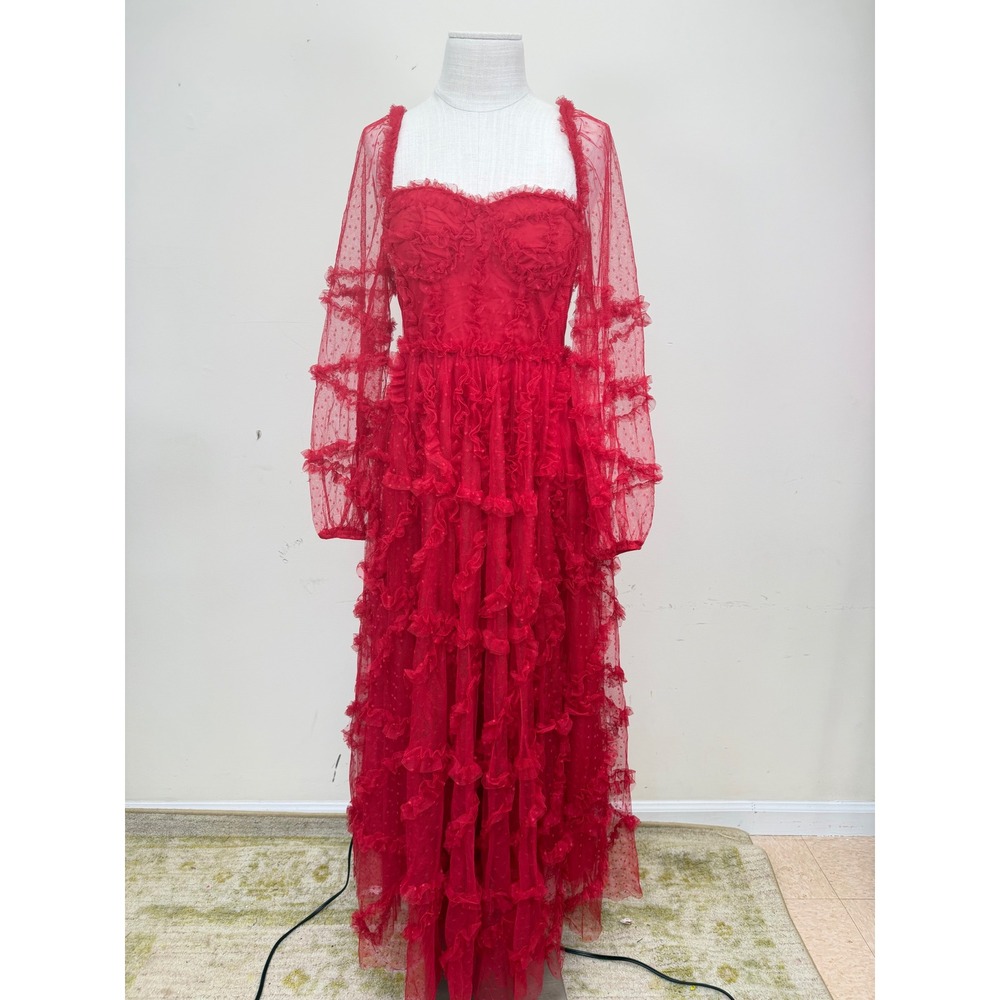 Catchall Maxi Dress Women Medium Red Tulle Ruffle Swiss Dot Long Sleeve Gown NWT